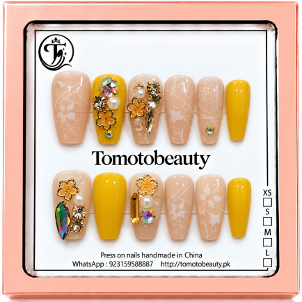 Peach Yellow Floral Crystal Press On Nails – C216 – Tomoto Beauty