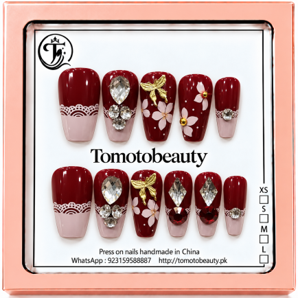 Burgundy Red Floral Crystal Press On Nails – C217 – Tomoto Beauty