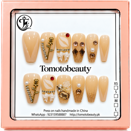 Champagne Gold Crystal Heart Press On Nails – C218 – Tomoto Beauty