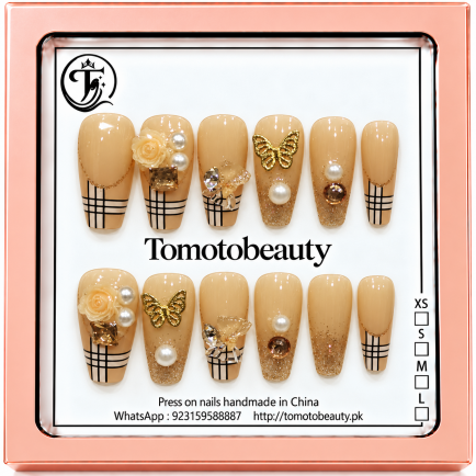 Nude Beige Plaid Gold Butterfly Crystal Press On Nails – C219 – Tomoto Beauty