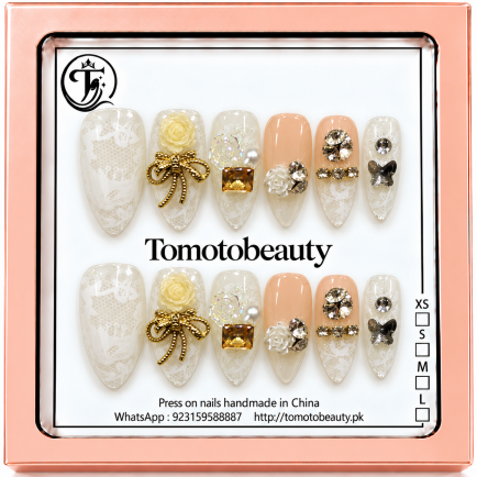 Ivory Lace Gold Bow Crystal Press On Nails – C220 – Tomoto Beauty