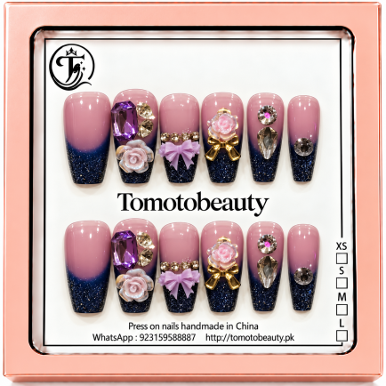 Mauve Purple Blue Ombre Floral Crystal Press On Nails – C221 – Tomoto Beauty