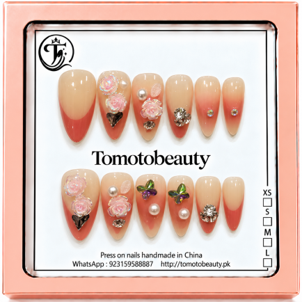 Blush Coral Ombre Crystal Flower Press On Nails – C222 – Tomoto Beauty