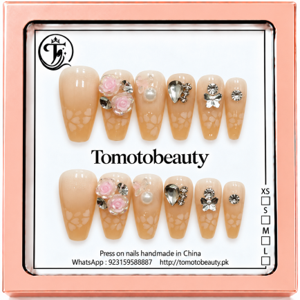 Nude Peach Gold Floral Crystal Press On Nails – C223 – Tomoto Beauty
