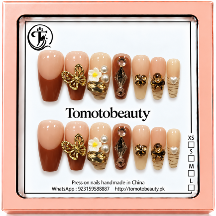 Caramel Brown Gold Floral Crystal Press On Nails – C224 – Tomoto Beauty