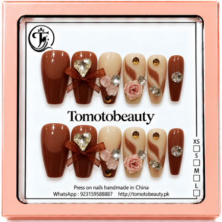 Chocolate Brown Nude Crystal Heart Press On Nails – C225 – Tomoto Beauty