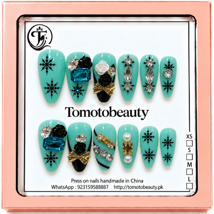 Turquoise Mint Black Floral Crystal Press On Nails – C227 – Tomoto Beauty