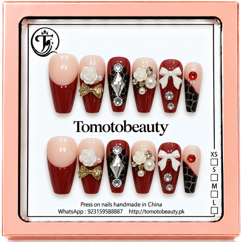 Burgundy Red White Bow Crystal Press On Nails – C228 – Tomoto Beauty