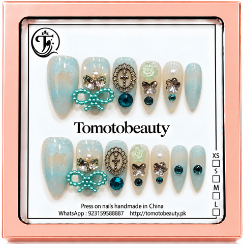 Aqua Mint Pearl Crystal Gemstone Press On Nails – C229 – Tomoto Beauty