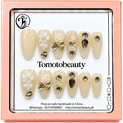 Ivory White Gold Floral Crystal Press On Nails – C232 – Tomoto Beauty
