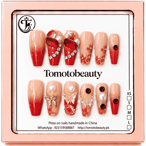 Tomoto Beauty C233 peach red ombre rose crystal press on nails, premium press on nails Pakistan