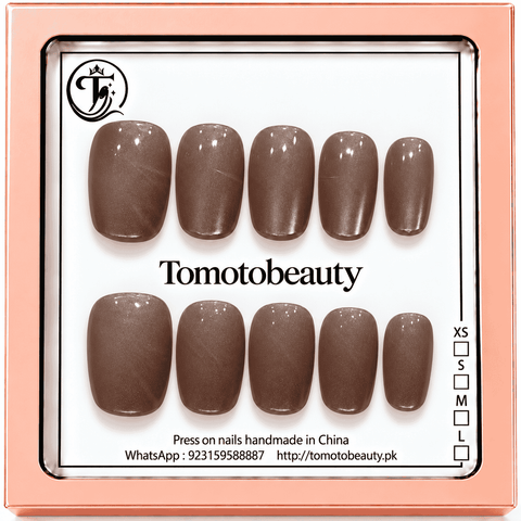 Tomoto Beauty D002 Mocha Taupe Brown Shimmer Short Square Press On Nails set of 10 nails displayed in brand box