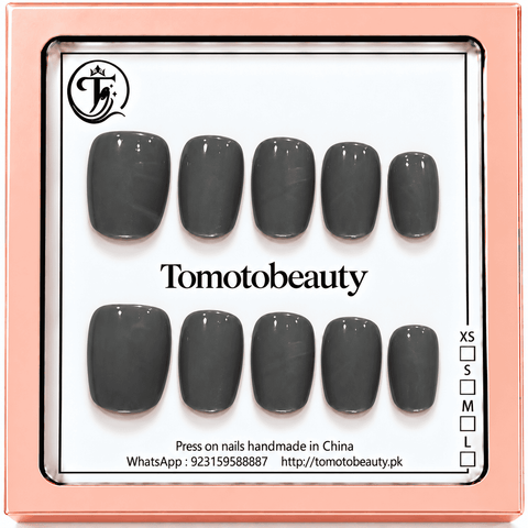 Tomoto Beauty D003 Charcoal Grey Short Square Press On Nails set of 10 nails displayed in brand box