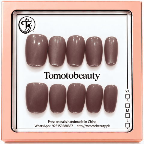 Tomoto Beauty D004 Dusty Mauve Taupe Shimmer Short Square Press On Nails set of 10 nails displayed in brand box