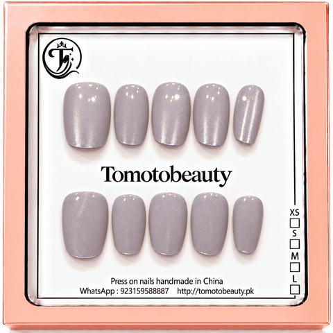 Tomoto Beauty D007 Lavender Silver Pearl Shimmer Short Square Press On Nails set of 10 nails displayed in brand box