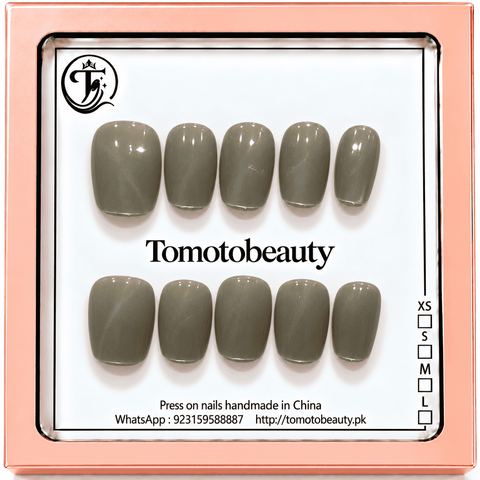 Tomoto Beauty D010 Olive Khaki Grey Short Square Press On Nails set of 10 nails displayed in brand box