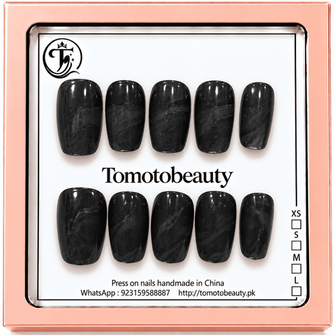 Tomoto Beauty D012 Glossy Black Marble Short Square Press On Nails set of 10 nails displayed in brand box
